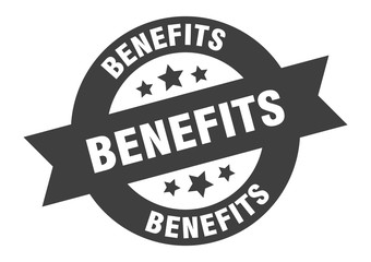 benefits sign. benefits black round ribbon sticker