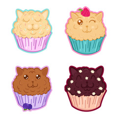 kawaii sweet muffins cats set, cute cartoon funny characters with raspberry, blueberry, cream and chocolate, editable vector illustration