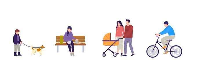 People walking. Couple with stroller are walking. Man rides bicycle. Boy is walking dog. Girl sitting on bench with smartphone. Flat vector illustration on white background