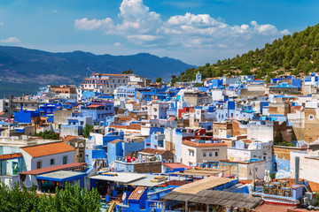 The famous blue city of Chefchaouen, top view. - obrazy, fototapety, plakaty