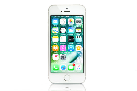 Krynica, Poland - February 13, 2017: Presentation of new model iPhone SE Silver 16GB from Apple Inc.