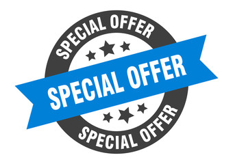 special offer sign. special offer blue-black round ribbon sticker