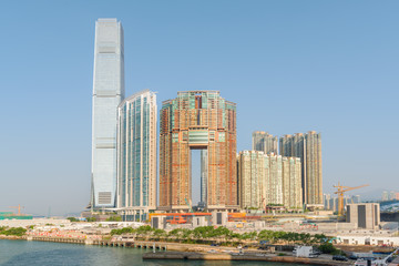 Fototapeta na wymiar View of skyscraper and other modern buildings. West Kowloon