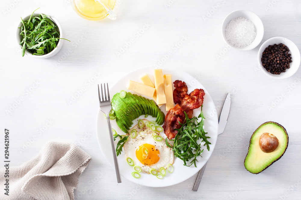 Wall mural healthy keto breakfast: egg, avocado, cheese, bacon