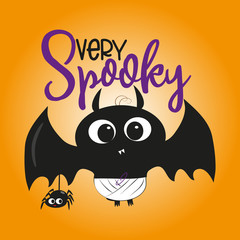 Very spooky halloween text, with cute blak bat, and little spider illustration graphic vector.  Young and happy, t-shirt graphics, posters, party concept, textile graphic, card.