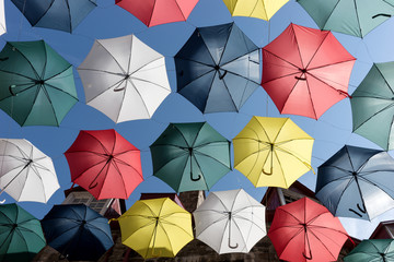 Colorful umbrellas of the rue du Cul-de-Sac, in the Quartier Petit Champlain, in Quebec City