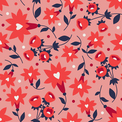 Pink seamless pattern with flowers. Pink flowers with hearts and dots.