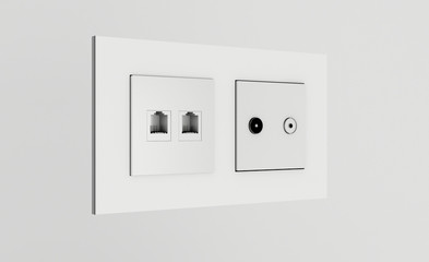 Multi socket wall outlet with electrical, ethernet, cable or satellite TV connections and light switch.. 3D rendering