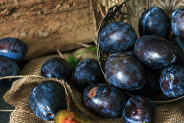 Plum. Fresh plum. Harvest. fresh blue plums on a dark table. Autumn harvest of plums. healthy eating concept. Food Photo