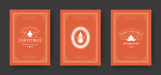 Christmas greeting cards design, ornate decoration symbols with snowman, winter holidays wishes vintage typography