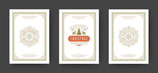 Christmas greeting cards set vintage typographic design, ornate decoration symbols vector illustration © provectors