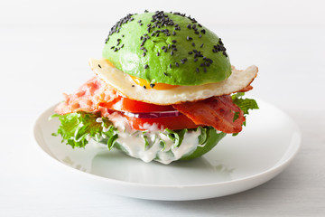 keto paleo diet avocado breakfast burger with bacon, egg, tomato