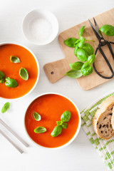 tomato soup flat lay on white backgorund