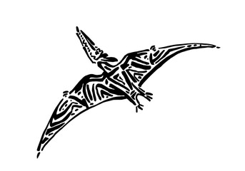 Ancient extinct jurassic pterodactyl dinosaur vector illustration ink painted, hand drawn grunge prehistoric flying pterosaur reptile, black isolated silhouette on white background © Ekaterina