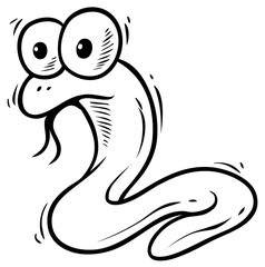 Cartoon graphic black and white hand drawn funny little snake with big eyes. Isolated on white background. Vector icon.