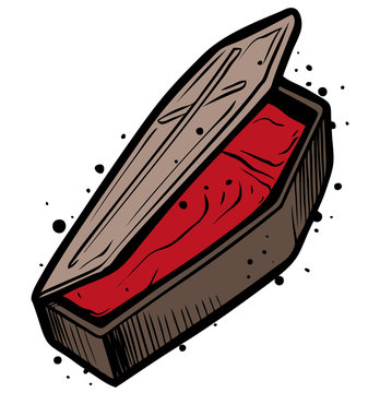 Cartoon graphic colorful wooden open coffin with cross. Isolated on white background. Halloween vector icon.