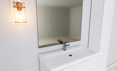 bathroom in a minimalist style. room in gray tones. foggy mirror. 3D rendering.