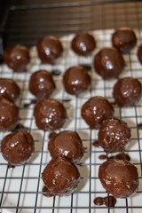 a few chocolate balls on iron net, close up