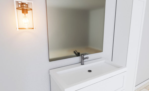 Bathroom In A Minimalist Style. Room In Gray Tones. Foggy Mirror. 3D Rendering.