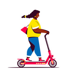 Woman riding elecctric push scooter, flat style illustration