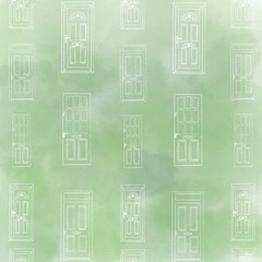 Digital hand-drawn little doors pattern for background, fabric, wrapping paper, stock template design. Shades of green and thin pencil contours vectors 