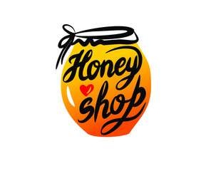 Honey shop vector lettering sign with jar.