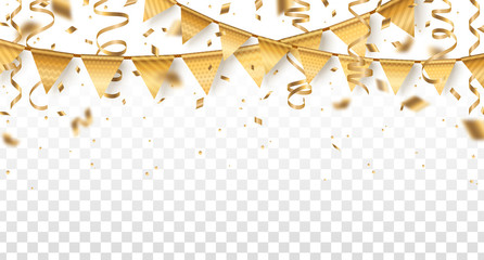 Golden garlands 3d illustration. Holiday celebration realistic gold ribbons isolated on transparent background. Shiny triangles on rope. Festive event, party decoration with sparkling elements