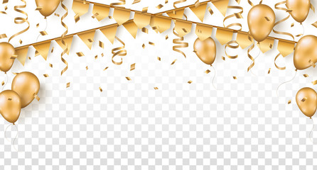 Garlands, balloons 3d illustration. Holiday celebration realistic golden ribbons and confetti isolated on transparent background. Shiny triangles on rope. Carnival decoration with shining elements © kotoffei