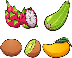 Cartoon dragon fruit, kiwi, zucchini, and mango clip art. Vector illustration with simple gradients. Each on a separate layer.