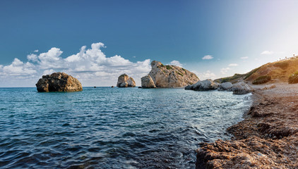 Panoramic shot of the coast of Aphrodite's birthplace near Paphos city, Cyprus. A popular holiday destination. Tourism, vacation, traveling concept. © nazarovsergey