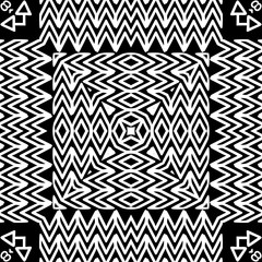 Zigzag seamless pattern. Black and white vector ornamental tribal background. Ethnic style monochrome repeat backdrop. Geometric ornament with arrows, abstract shapes, zigzag, squares, frames.