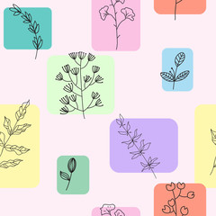 Hand drawn pattern of plants on pastel flower tiles, vector seamless pattern on delicate background