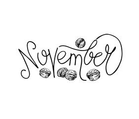 November vector lettering with walnuts.