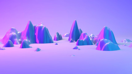 Mountain 3d landscape illuminated with neon pink and blue lights. 3d illustration rendering in horizontal format.