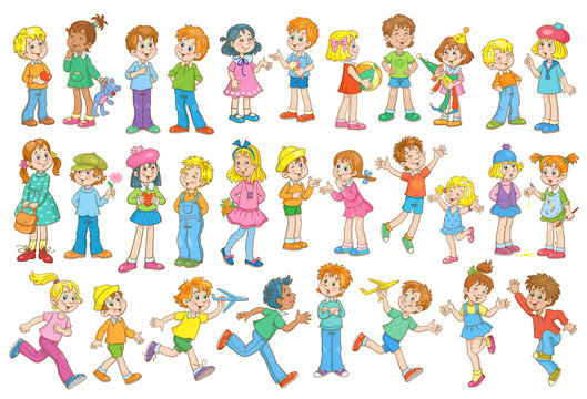 Collection of funny kids. Multicultural children with different colors of skin and hair in different poses and relationships. In cartoon style. Isolated on a white background.
