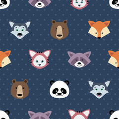 Cartoon vector seamless background. Cute pattern with wild animals. Nature, animal, wildlife zoo, reserve theme