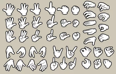 Fotobehang Cartoon white human hands in gloves gesture set. Hands show signs. Different hand positions. Isolated on gray background. Vector icon set. © GB_Art