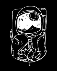 Black and white drawing of an astronaut with a lotus in his hands. Chalk on a blackboard.