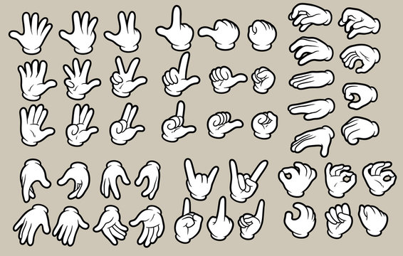 Cartoon white human hands in gloves gesture set. Hands show signs. Different hand positions. Isolated on gray background. Vector icon set.