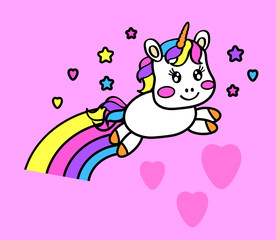 Little cute unicorn flies and leaves a rainbow. Vector illustration.