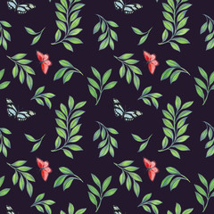 butterflies and tropical flowers, leaves seamless pattern. Background for Fabric, Textile, Print and Invitation.