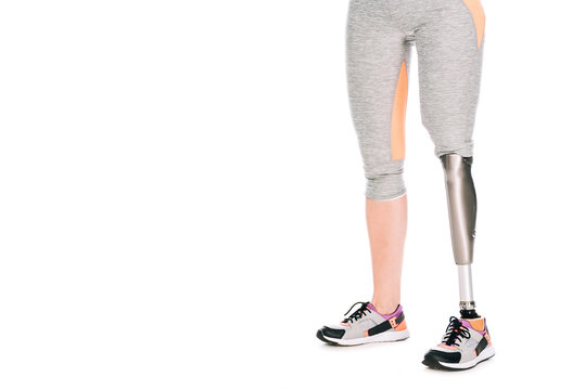 Cropped View Of Disabled Sportswoman With Prosthesis Isolated On White