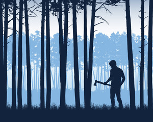 Realistic illustration of landscape with coniferous forest with pine trees under blue sky. Man with ax or lumberjack stands in grass, vector