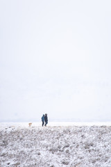Couple walking outside in snowy weather with their dog