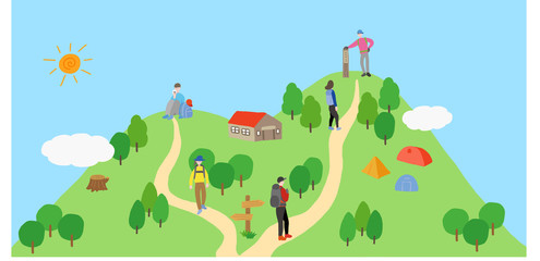 ハイキング、登山をする人のいる山