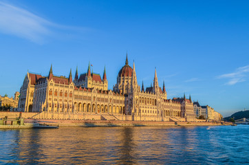 Fototapeta premium View of the building of the Hungarian Parliament from the Danube River. Budapest, Hungary