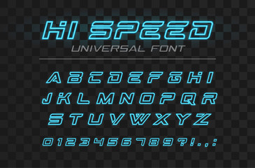 High speed glowing font. Fast sport, futuristic, technology, future alphabet. Neon letters and numbers for industrial, electric car, street racing game logo design. Modern minimalistic vector typeface