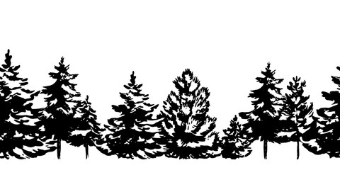 Hand drawn Christmas tree seamless border isolated on white background. Vector illustration in sketch style. Christmas design element