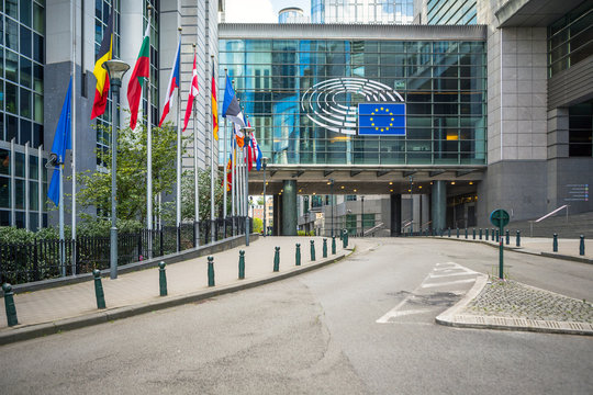 European Parliament offices and European flags in Brussels, Belgium