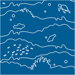 Underwater world with corals, seaweed and anemones outlined isolated on a blue background